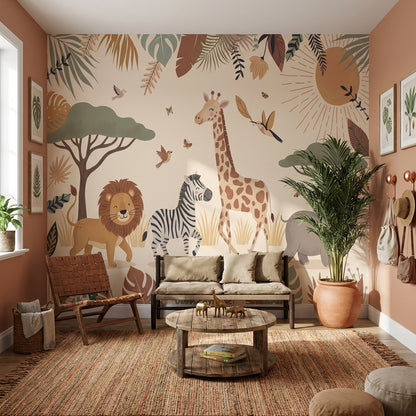 Safari Animals Wallpaper Tropical Cartoon Wall Mural