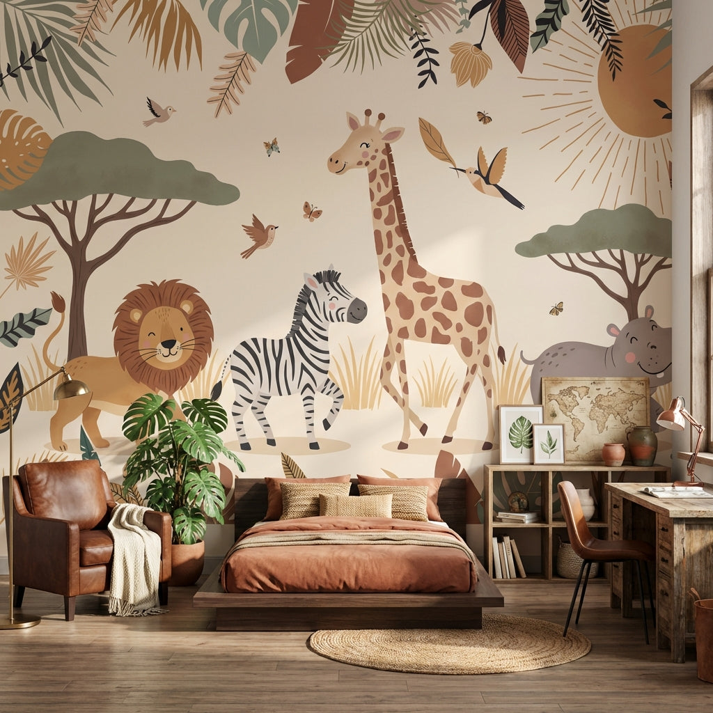 Safari Animals Wallpaper Tropical Cartoon Wall Mural