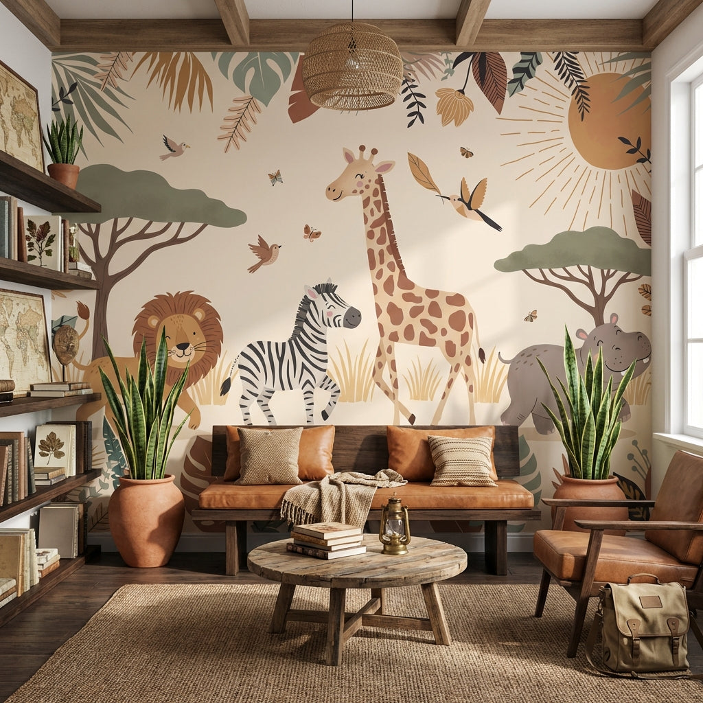 Safari Animals Wallpaper Tropical Cartoon Wall Mural
