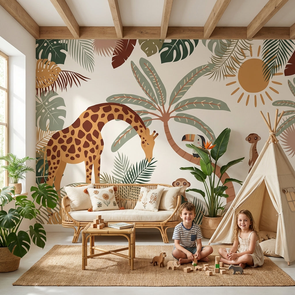 Tropical Wallpaper Giraffe Toucan Wall Mural