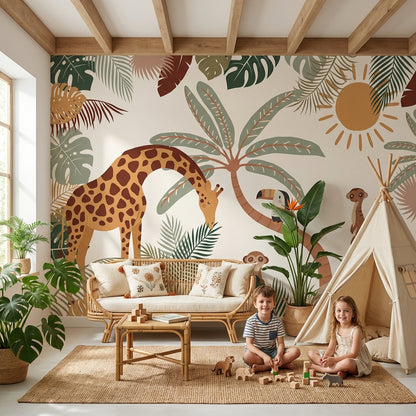 Tropical Wallpaper Giraffe Toucan Wall Mural