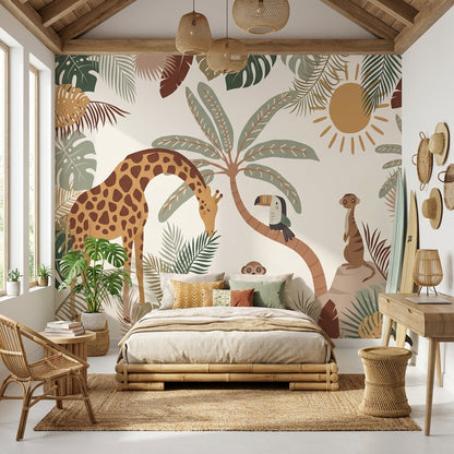 Tropical Wallpaper Giraffe Toucan Wall Mural