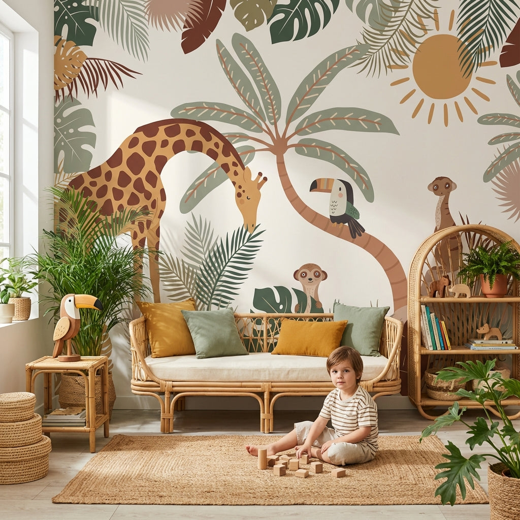 Tropical Wallpaper Giraffe Toucan Wall Mural