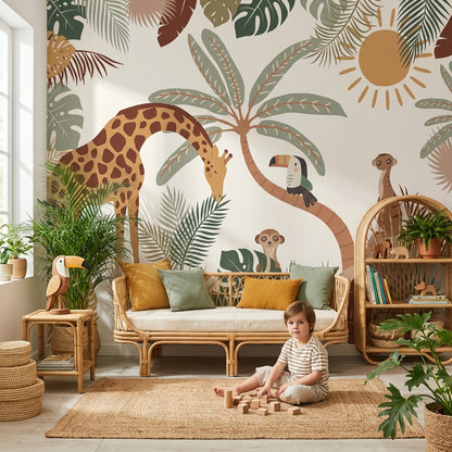 Tropical Wallpaper Giraffe Toucan Wall Mural