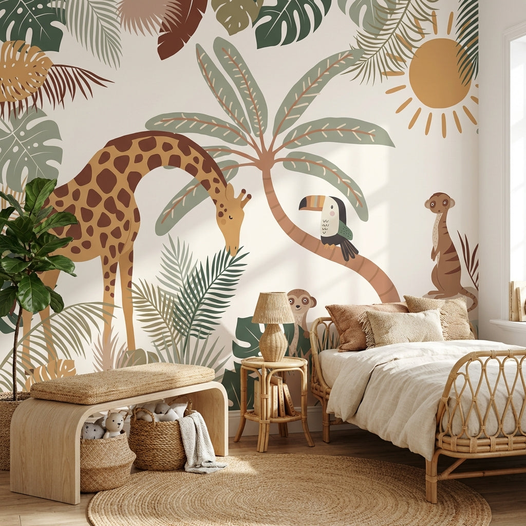 Tropical Wallpaper Giraffe Toucan Wall Mural