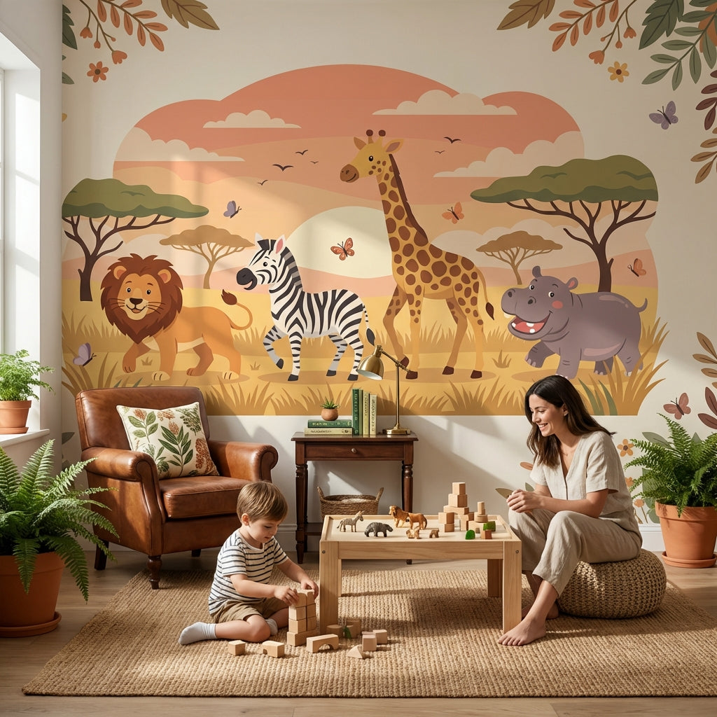 Safari Animals Wallpaper Cartoon Sunset Wall Mural