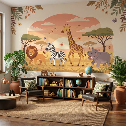 Safari Animals Wallpaper Cartoon Sunset Wall Mural