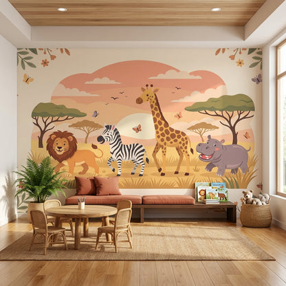Safari Animals Wallpaper Cartoon Sunset Wall Mural