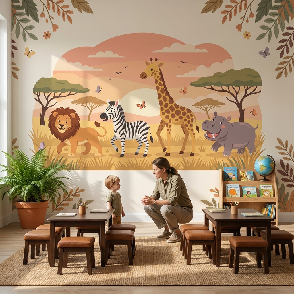 Safari Animals Wallpaper Cartoon Sunset Wall Mural
