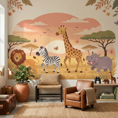 Safari Animals Wallpaper Cartoon Sunset Wall Mural
