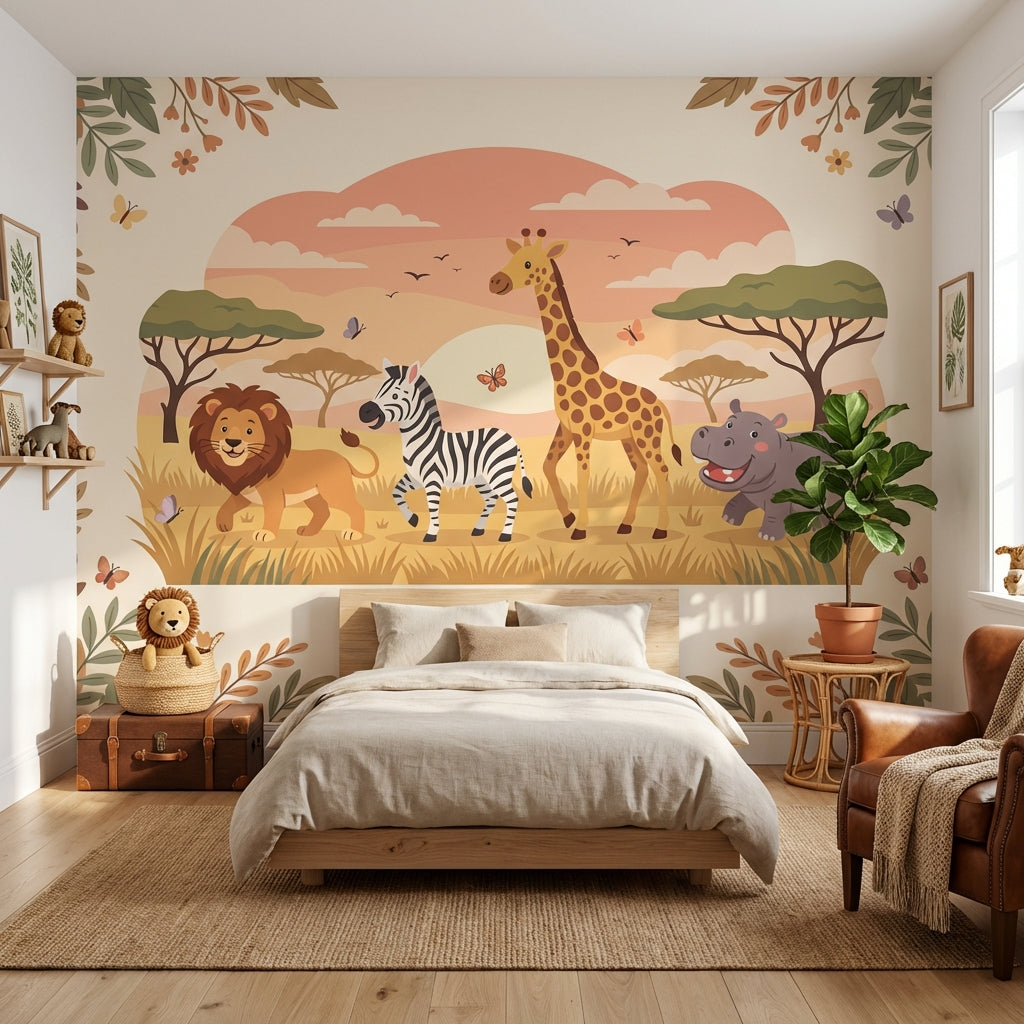 Safari Animals Wallpaper Cartoon Sunset Wall Mural