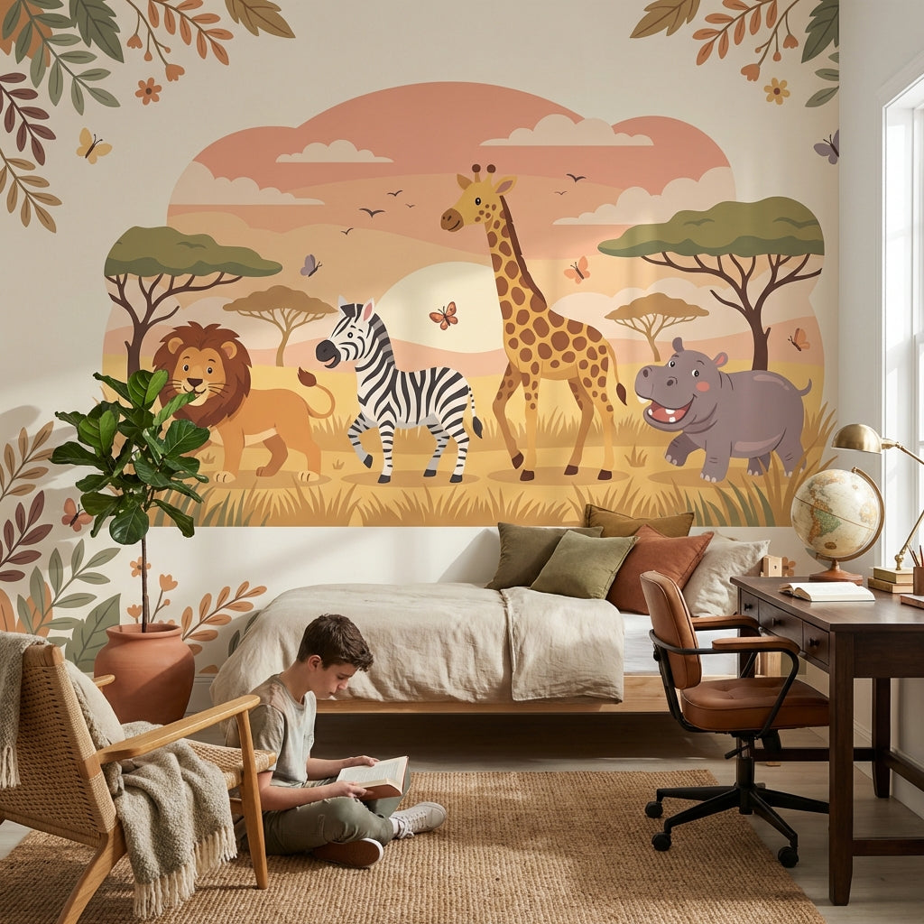 Safari Animals Wallpaper Cartoon Sunset Wall Mural