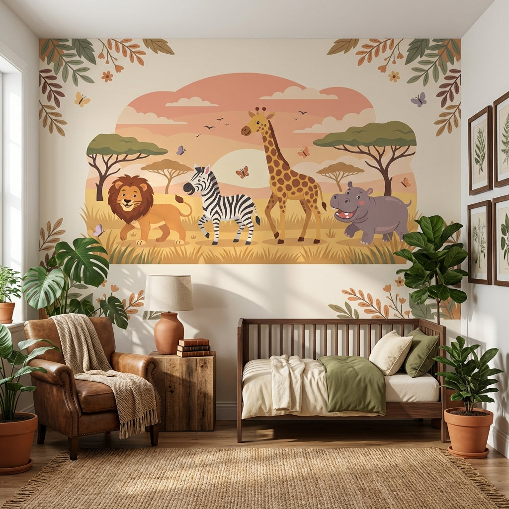 Safari Animals Wallpaper Cartoon Sunset Wall Mural