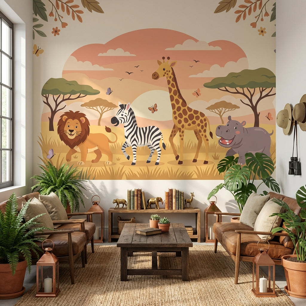 Safari Animals Wallpaper Cartoon Sunset Wall Mural