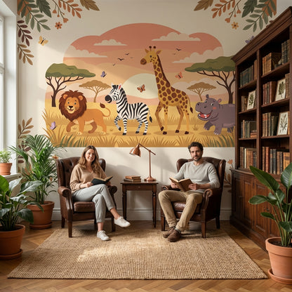 Safari Animals Wallpaper Cartoon Sunset Wall Mural