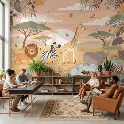 Safari Animals Wallpaper Playful Cartoon Wall Mural