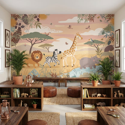 Safari Animals Wallpaper Playful Cartoon Wall Mural