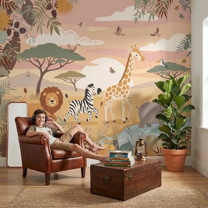 Safari Animals Wallpaper Playful Cartoon Wall Mural