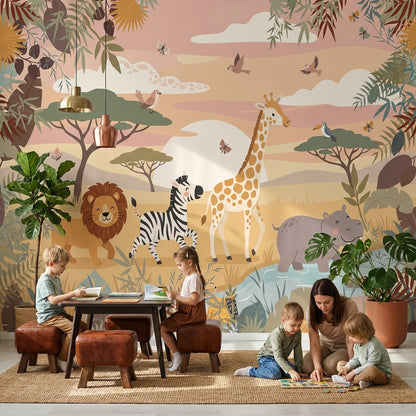 Safari Animals Wallpaper Playful Cartoon Wall Mural