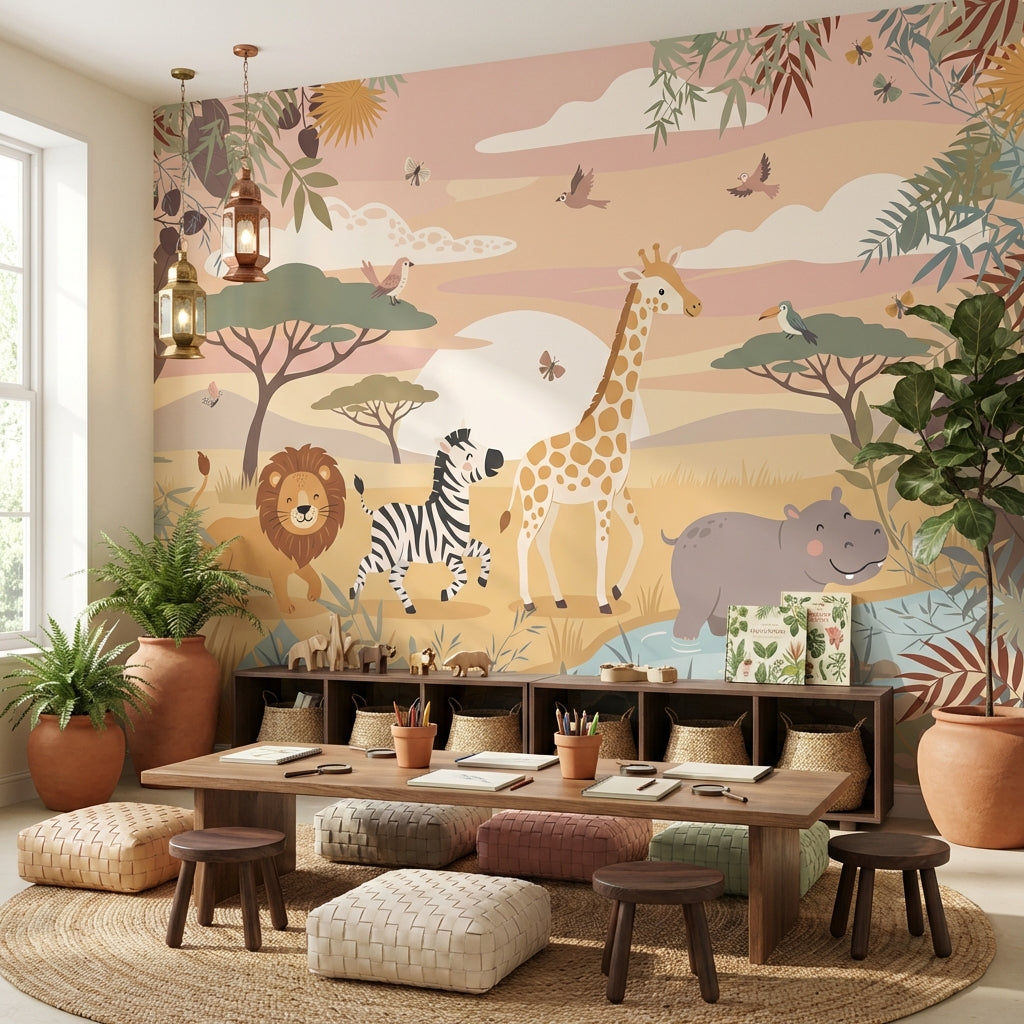 Safari Animals Wallpaper Playful Cartoon Wall Mural