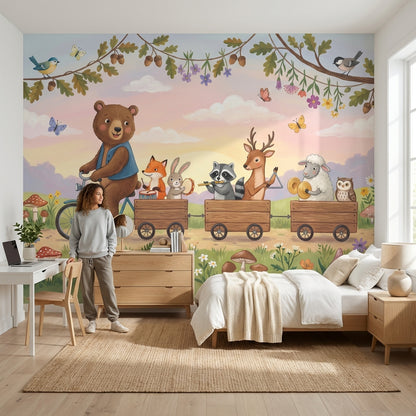 Whimsical Animals Wallpaper Bicycle Forest Wall Decor