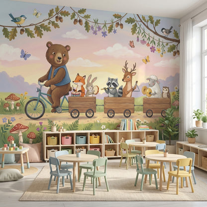 Whimsical Animals Wallpaper Bicycle Forest Wall Decor