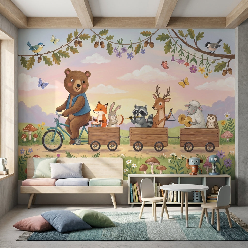 Whimsical Animals Wallpaper Bicycle Forest Wall Decor