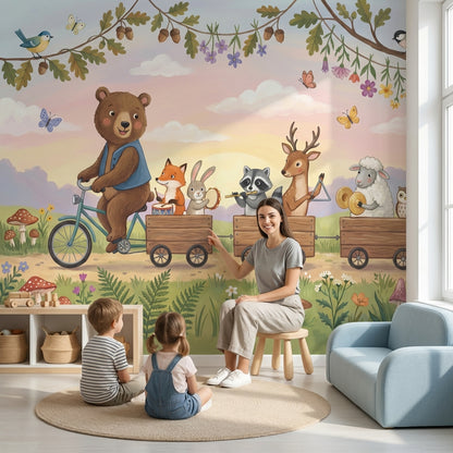Whimsical Animals Wallpaper Bicycle Forest Wall Decor