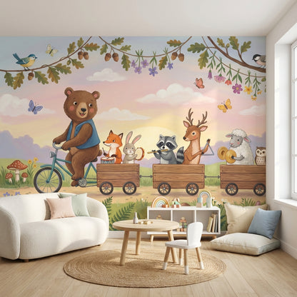 Whimsical Animals Wallpaper Bicycle Forest Wall Decor