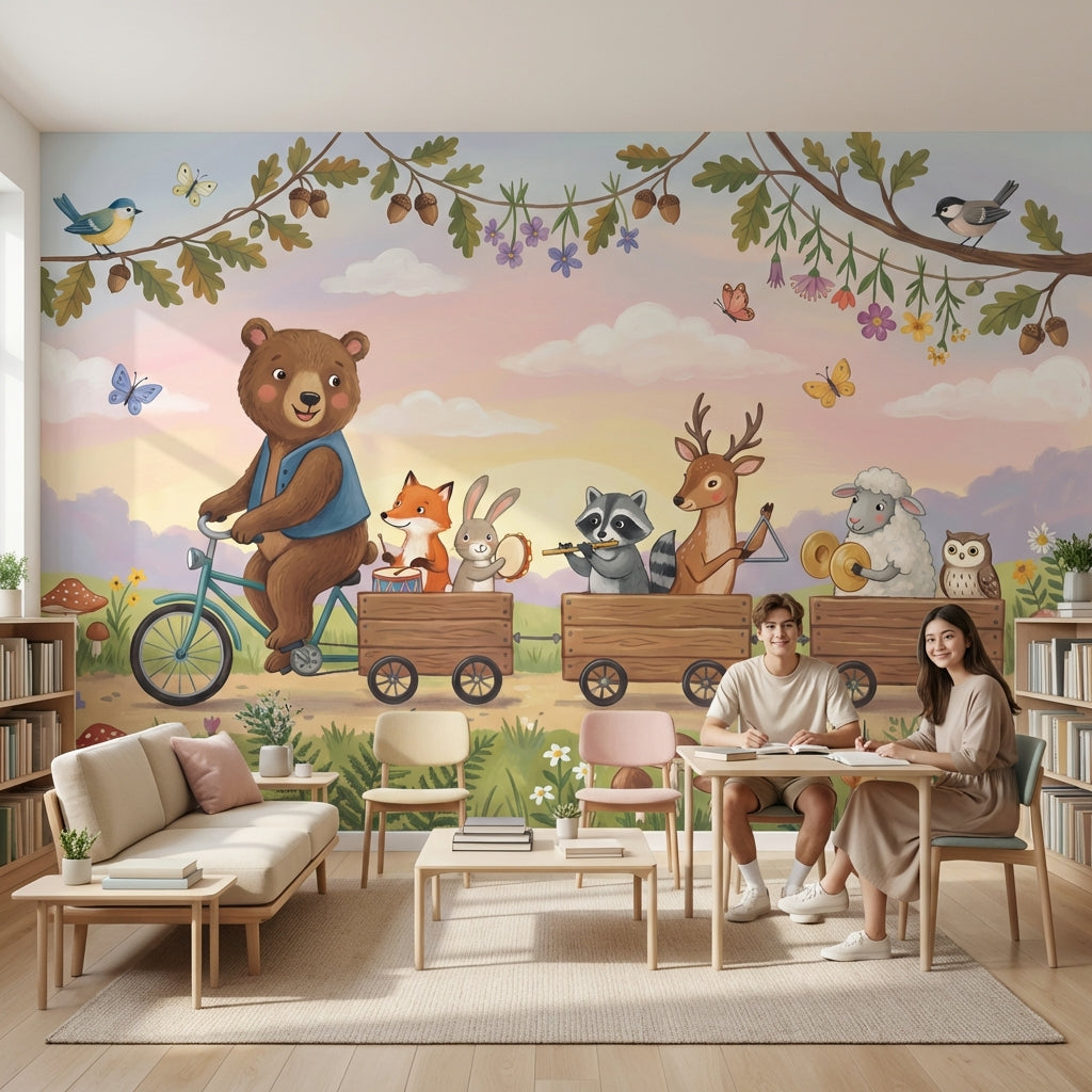 Whimsical Animals Wallpaper Bicycle Forest Wall Decor