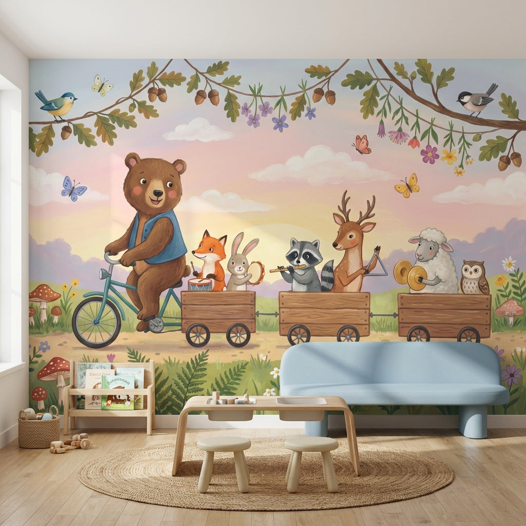 Whimsical Animals Wallpaper Bicycle Forest Wall Decor