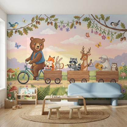 Whimsical Animals Wallpaper Bicycle Forest Wall Decor