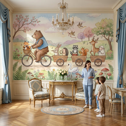 Whimsical Animals Wallpaper Bicycle Pastel Wall Mural