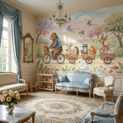 Whimsical Animals Wallpaper Bicycle Pastel Wall Mural