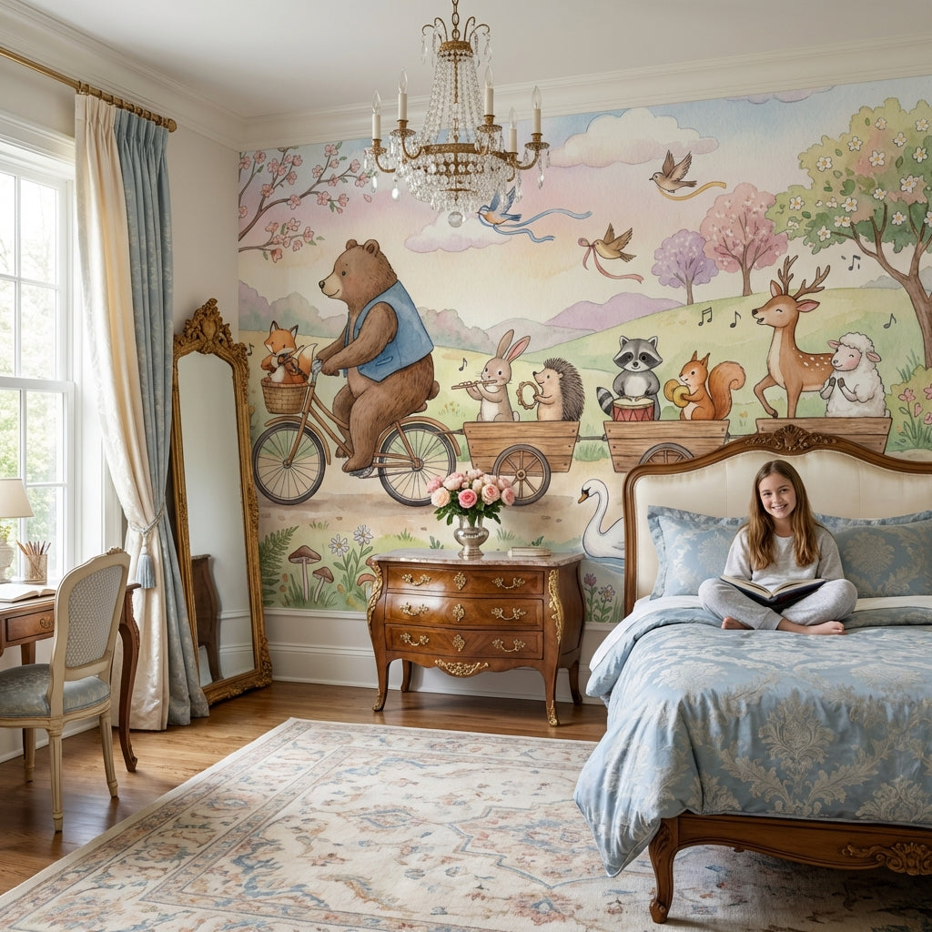 Whimsical Animals Wallpaper Bicycle Pastel Wall Mural