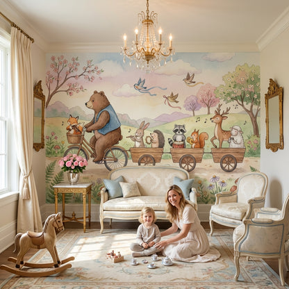 Whimsical Animals Wallpaper Bicycle Pastel Wall Mural