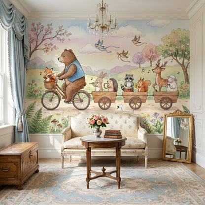 Whimsical Animals Wallpaper Bicycle Pastel Wall Mural