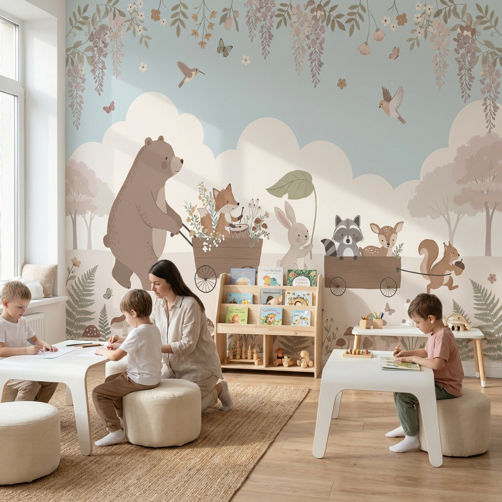 Whimsical Animals Wallpaper Pastel Nature Wall Mural