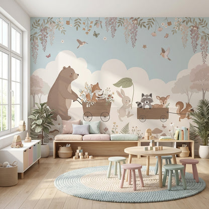 Whimsical Animals Wallpaper Pastel Nature Wall Mural