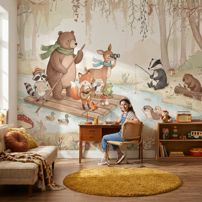 Whimsical Forest Wallpaper Animals River Wall Mural
