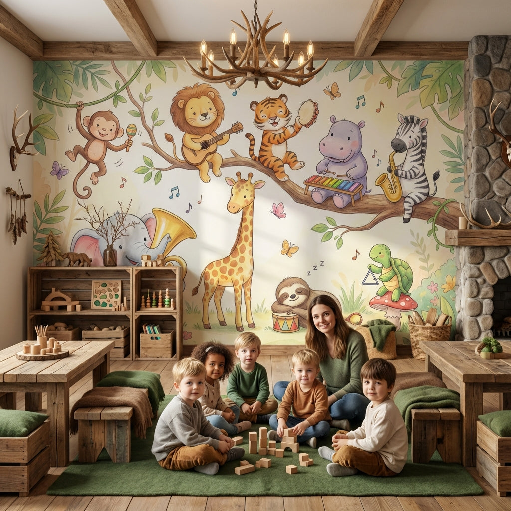 Cartoon Animals Wallpaper Forest Playful Removable Wall Decor