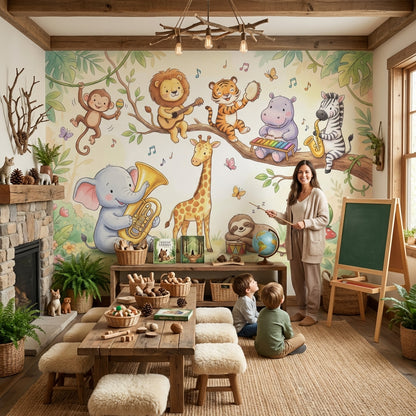 Cartoon Animals Wallpaper Forest Playful Removable Wall Decor