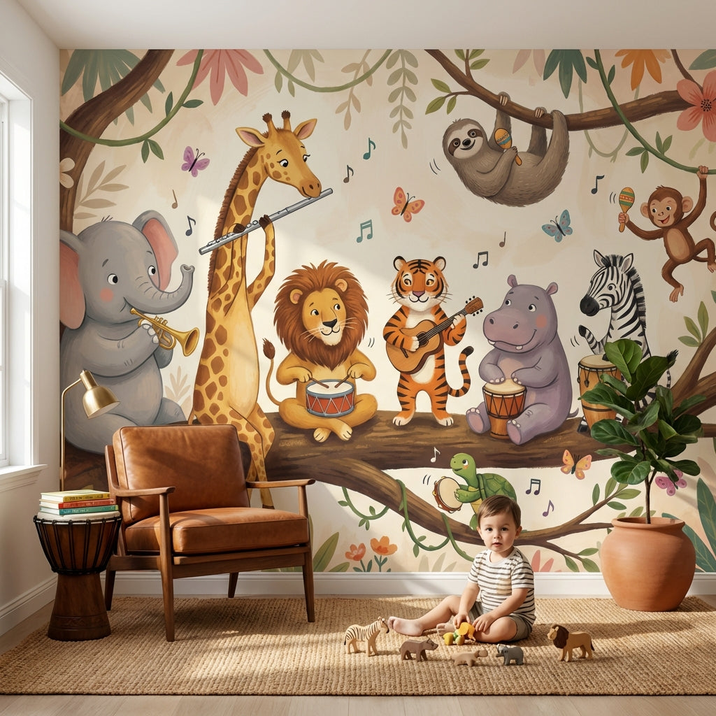 Colorful Animals Wallpaper Jungle Music Wall Decor