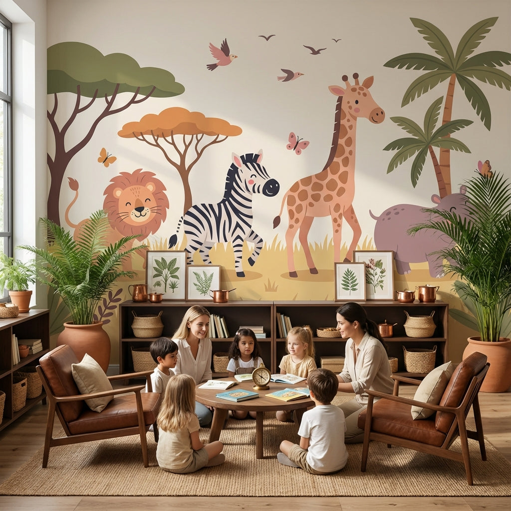Safari Animals Wallpaper Tropical Cartoon Wall Mural