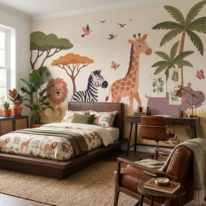 Safari Animals Wallpaper Tropical Cartoon Wall Mural