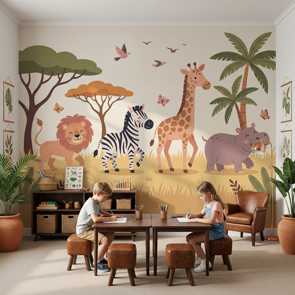 Safari Animals Wallpaper Tropical Cartoon Wall Mural