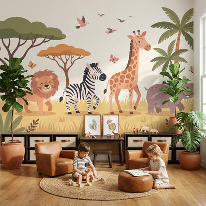 Safari Animals Wallpaper Tropical Cartoon Wall Mural
