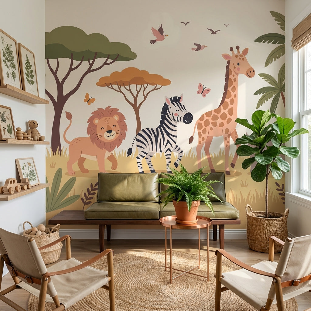 Safari Animals Wallpaper Tropical Cartoon Wall Mural