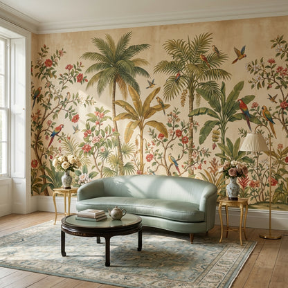 Tropical Birds Wallpaper Palm Trees Vintage Wall Mural