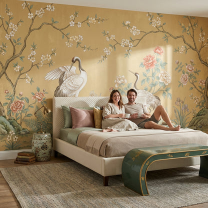 Asian-Inspired Wallpaper Cranes Vintage Wall Mural